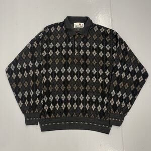 Vintage 90s Florence Tricot Black Argyle Collared Sweater